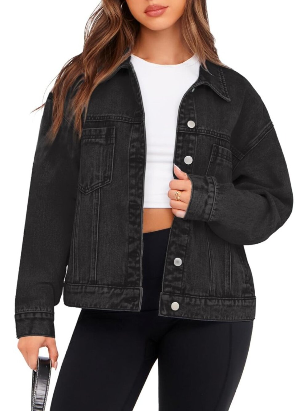 Women's Black Oversized Jean Jacket Casual Long Sleeve Button Down Denim Jacket
